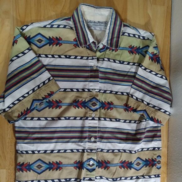 Vintage Adobe Rose Aztec Striped Pattern Shirt - Picture 1 of 9